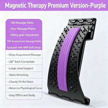 Purple and black massage device with text detailing features on a white background