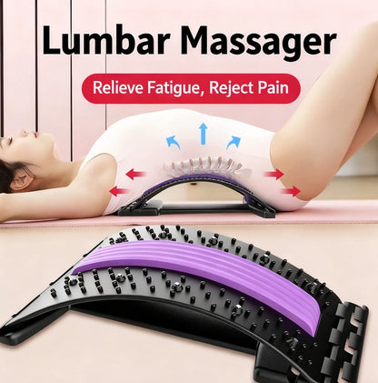 Lumbar massager with text 'Relieve Fatigue, Reject Pain' on a pink background
