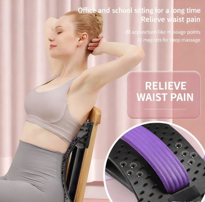 Woman using a waist pain relief device with text on a pink curtain background