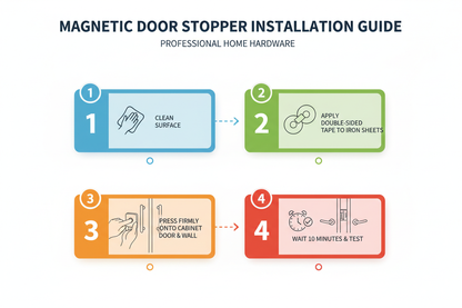 4-step installation diagram for magnetic door stopper showing surface cleaning, tape application, pressing onto cabinet, and 10-minute wait before testing