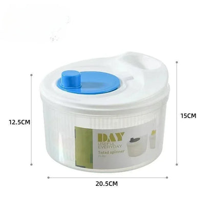 White salad spinner with blue lid and dimensions labeled on a white background