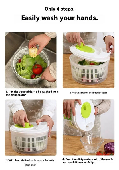 Step-by-step guide on using a salad spinner with text overlay.