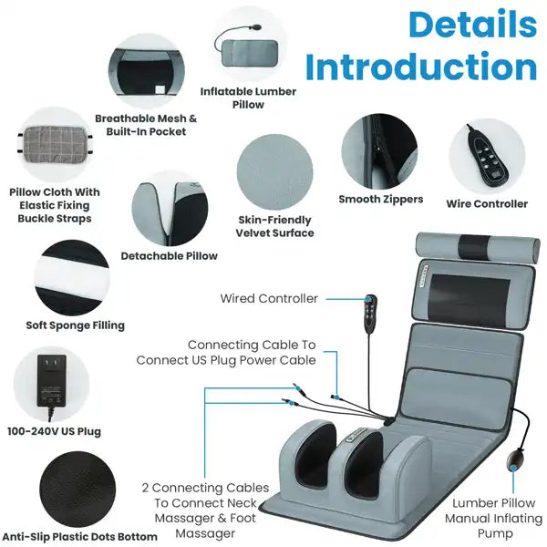 Massage chair with features highlighted and labeled on a white background