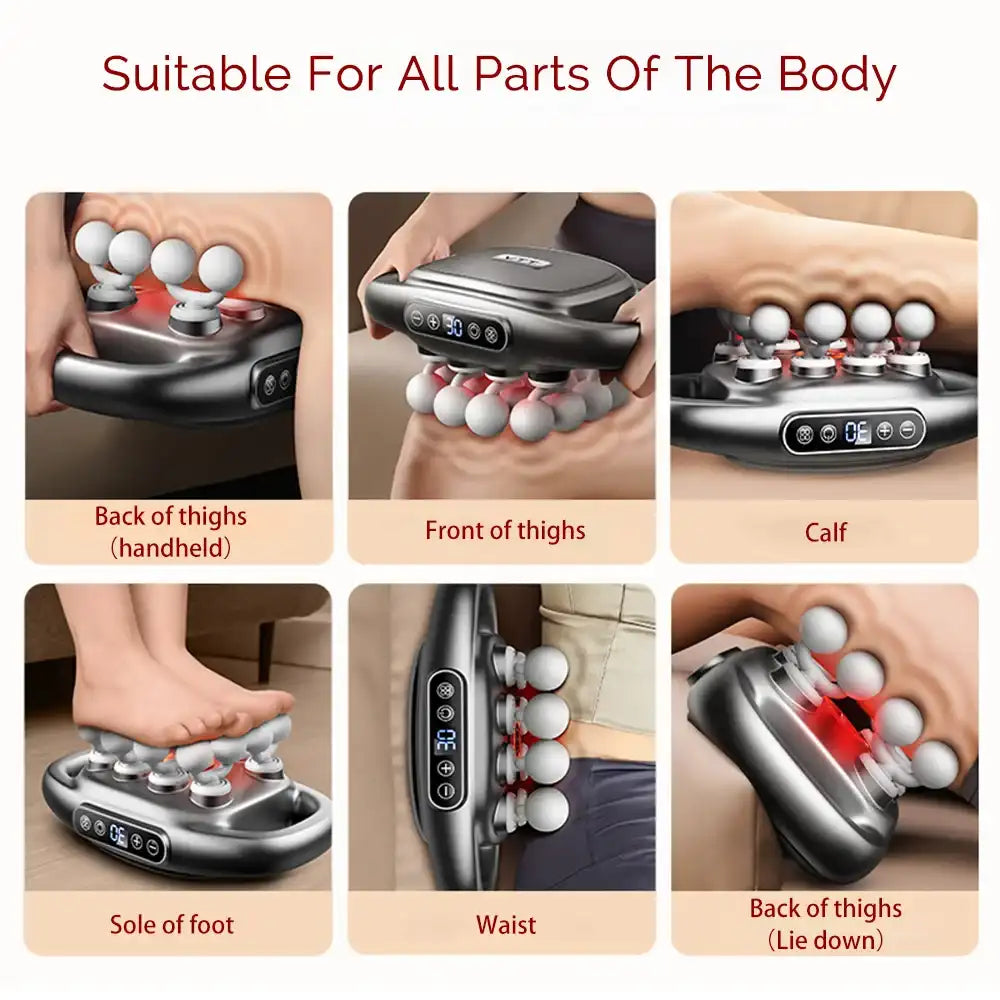A massage device being used on various parts of the body with text indicating suitability for all body parts.
