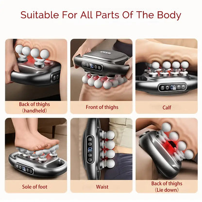 A massage device being used on various parts of the body with text indicating suitability for all body parts.