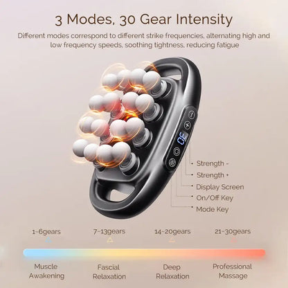 Massage device with digital display and text about modes and intensity levels on a beige background