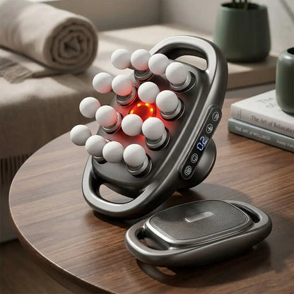 Massage device with rolling balls on a wooden table