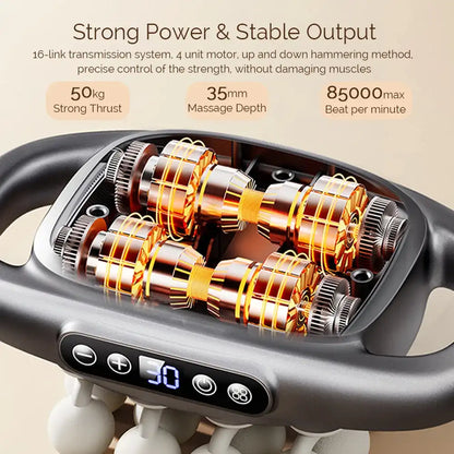 Massage roller device with technical specifications on a beige background