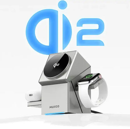 Maxco charging station with a smartwatch on a white background, featuring the Qi2 logo.