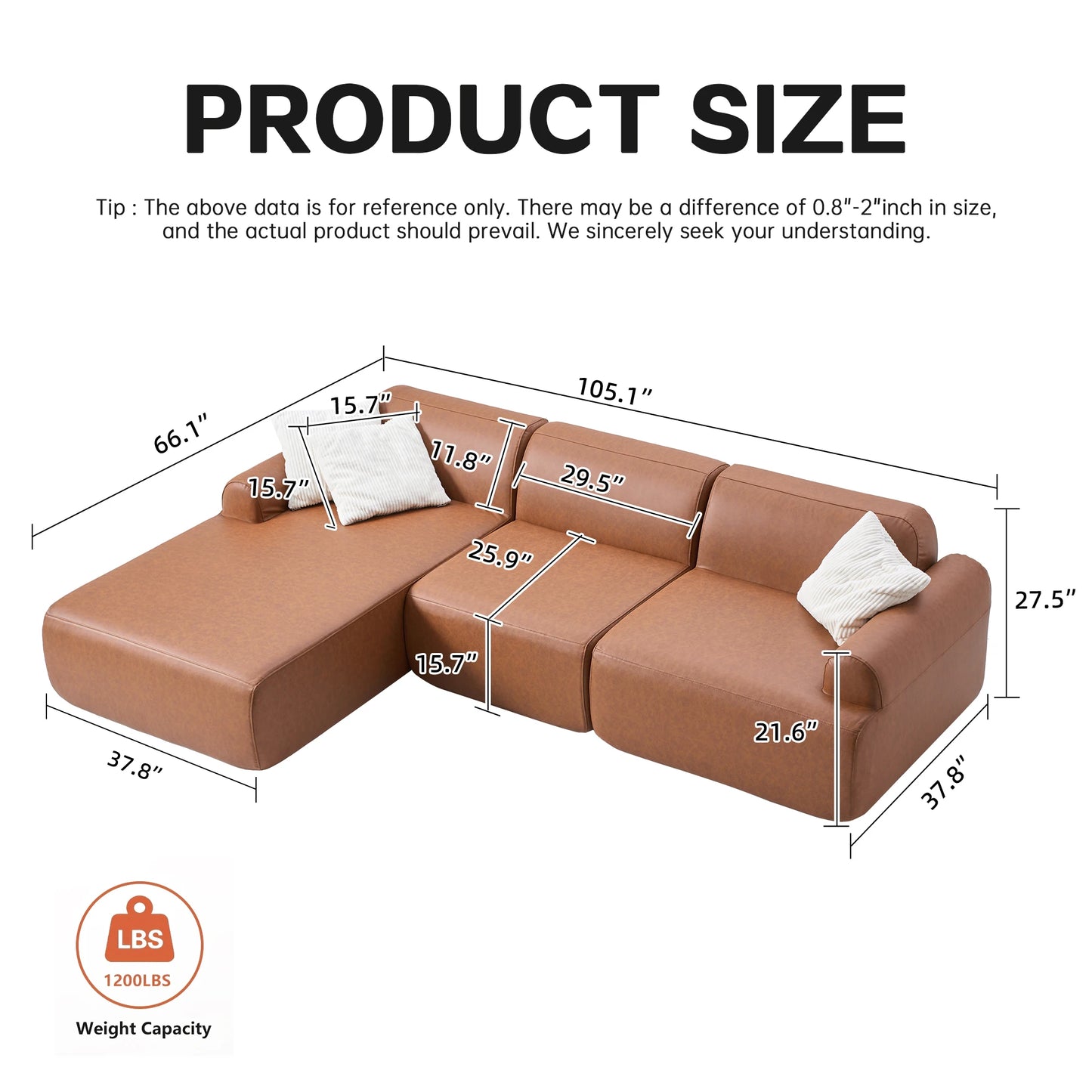 Measurement chart of a brown sectional sofa with dimensions labeled.