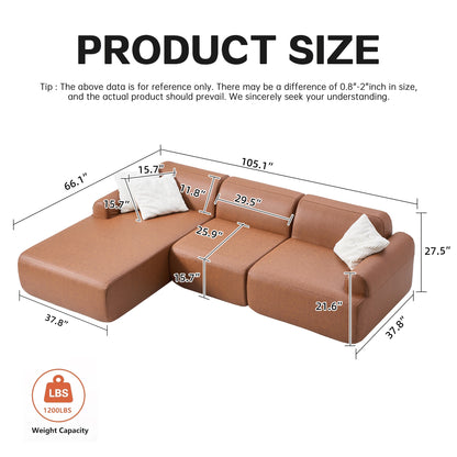 Measurement chart of a brown sectional sofa with dimensions labeled.