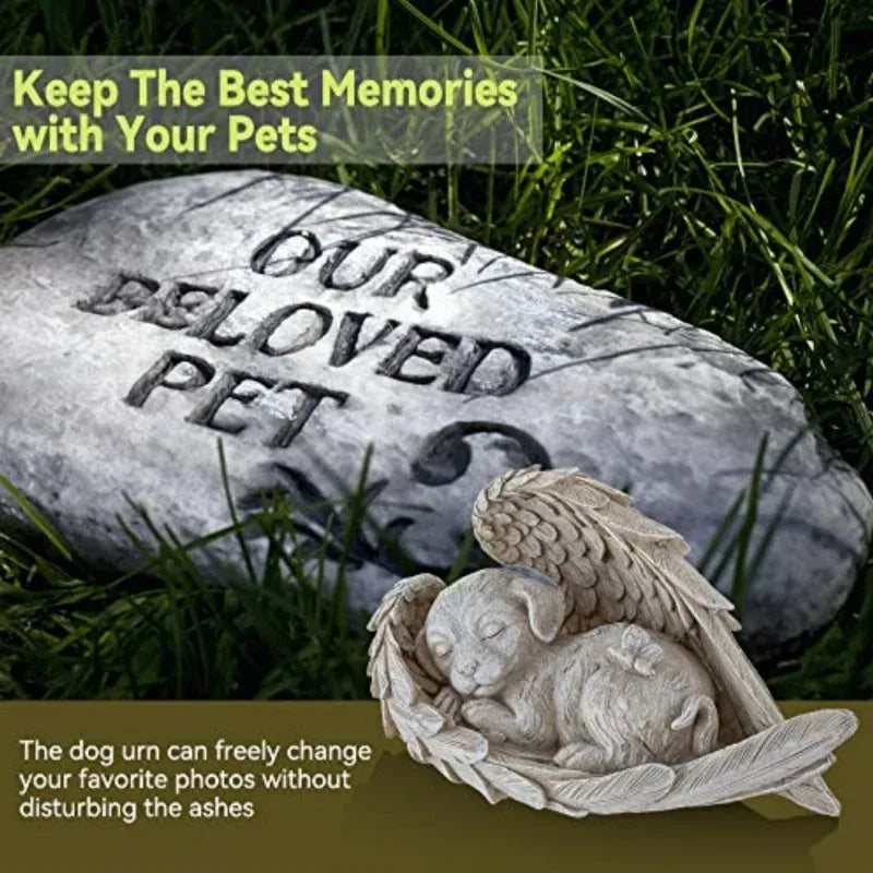 Memorial stone with 'Our Beloved Pet' engraved, featuring a dog urn with an angelic design on grass.