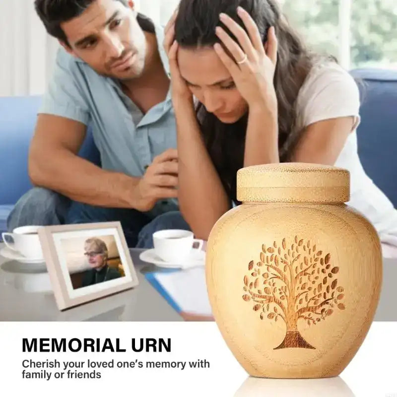 Memorial urn with a tree design on a table, with a couple sitting nearby.