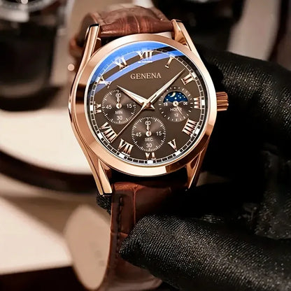 GENENA watch with brown leather strap and rose gold case on a blurred background