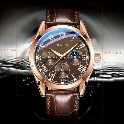Luxury watch with brown leather strap and detailed face on a dark background
