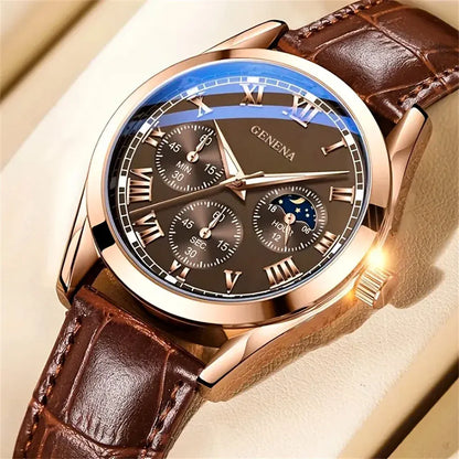 Luxury watch with brown leather strap and detailed face on a beige background