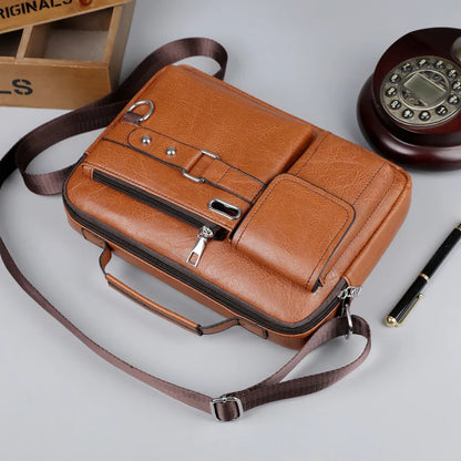 Brown leather briefcase on a light gray surface with a vintage phone and box in the background.