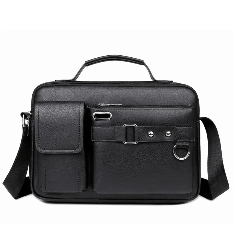 Black leather briefcase with shoulder strap on a white background
