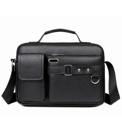 Black leather briefcase with shoulder strap on a white background