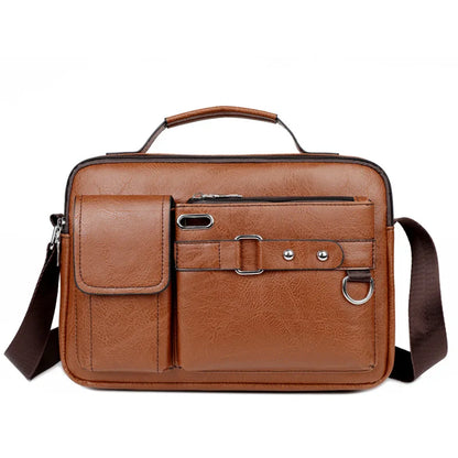 Brown leather briefcase with shoulder strap on a white background