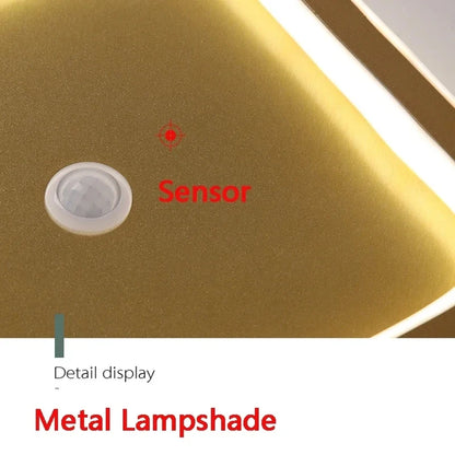 Metal lampshade with a sensor labeled on a gold background