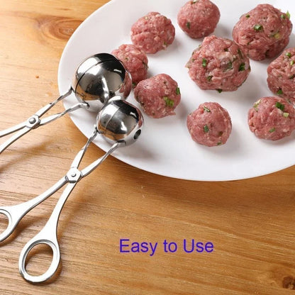 Metallic meatball maker on a wooden surface with raw meatballs and text 'Easy to Use'.