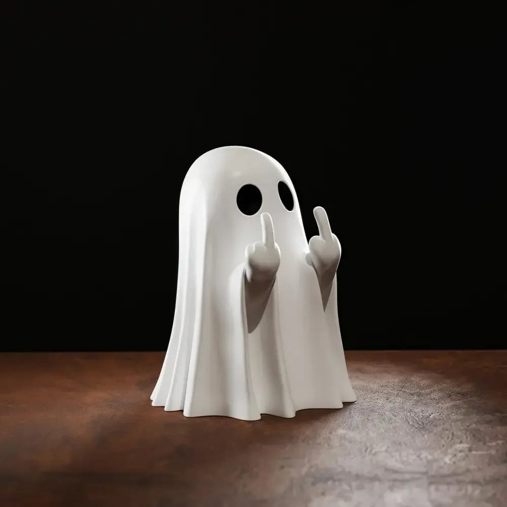 Cute Middle Finger Ghost Statue Funny Halloween Decor & Table Centerpiece - White
