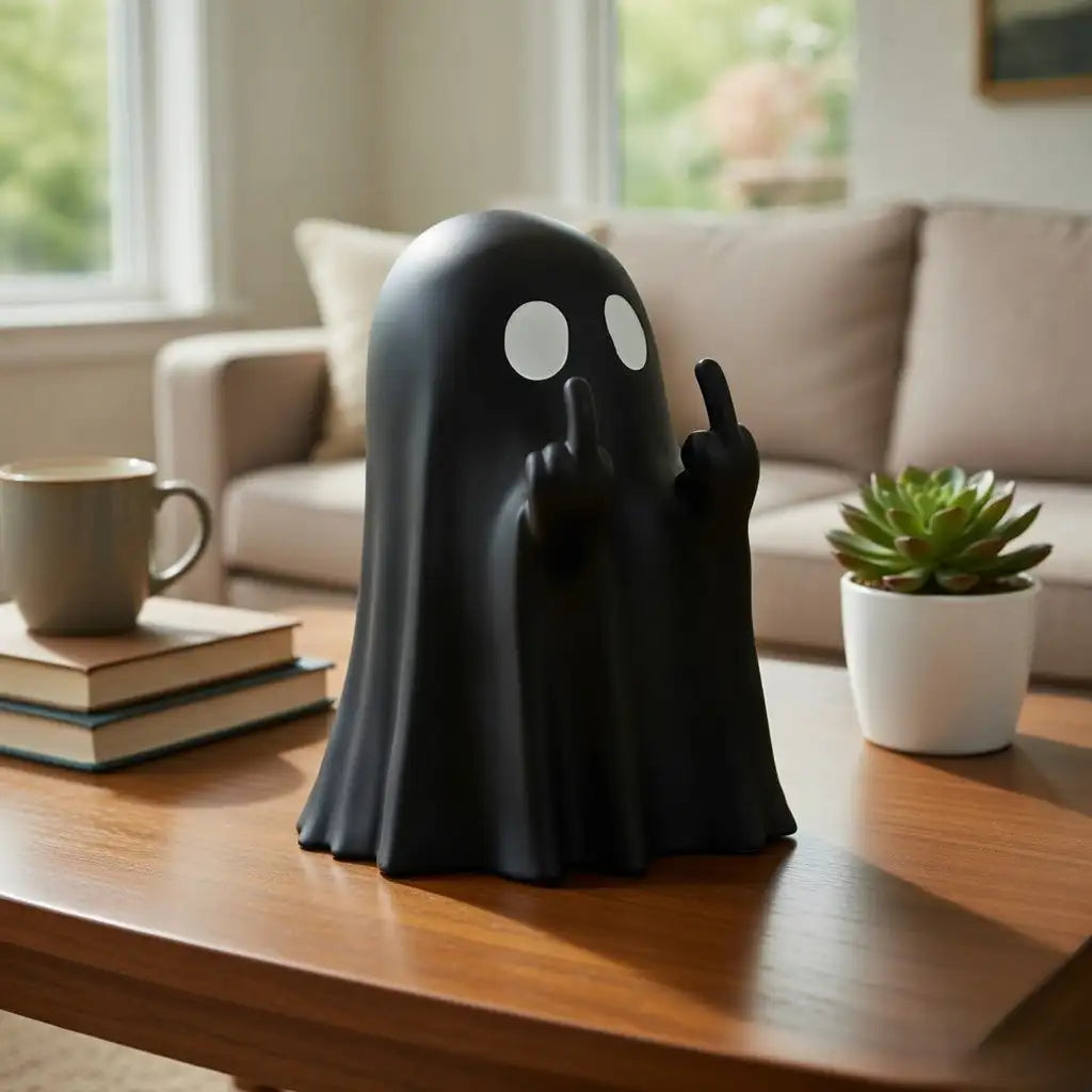 Black ghost figurine with a peace sign on a wooden table in a living room.