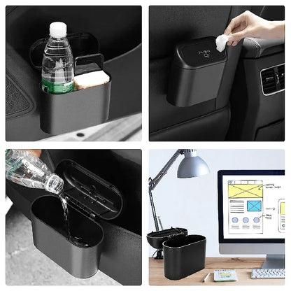 Collage of a black car cup holder organizer with water bottle, cleaning cloth, and office setup.