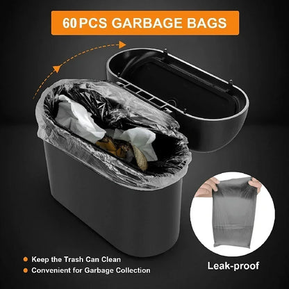 Black trash can with garbage bags, showing a close-up of a bag, and text about 60 pcs garbage bags.