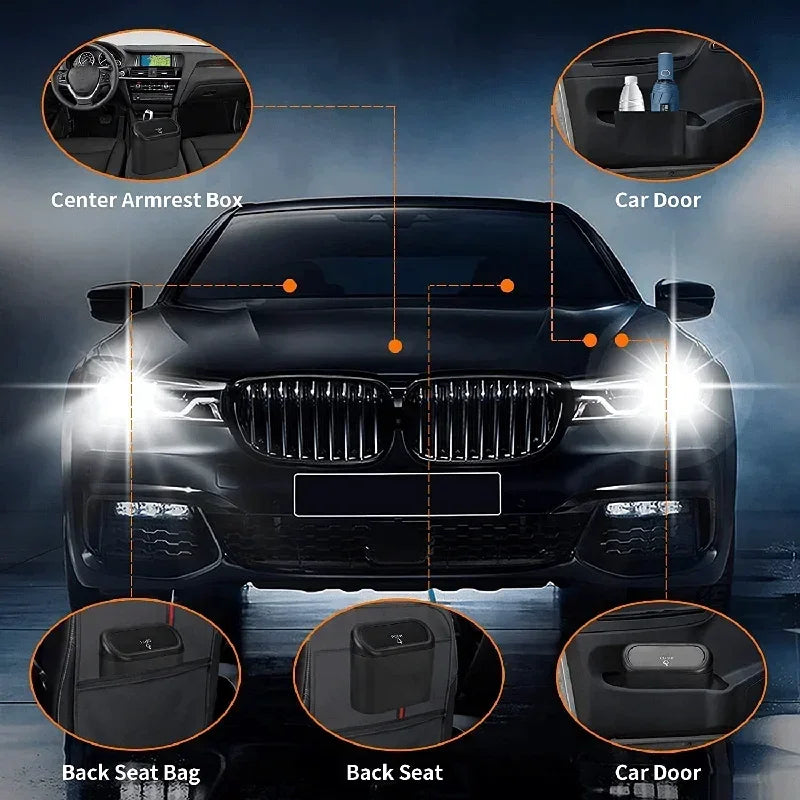 Black car with various storage compartments highlighted on a dark background