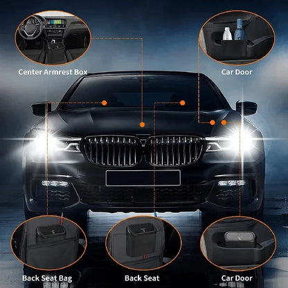 Black car with various storage compartments highlighted on a dark background