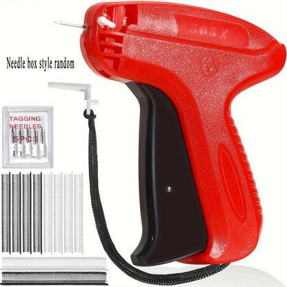 Red and black tagging gun with needles and needle box on a white background
