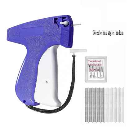 Blue and white tagging gun with needles on a white background