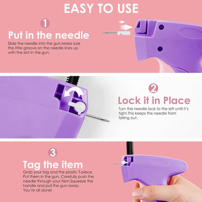 Instructions on how to use a purple tagging gun with text on a pink background