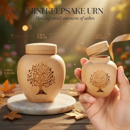 Mini keepsake urn with tree design, held and displayed against a natural background.