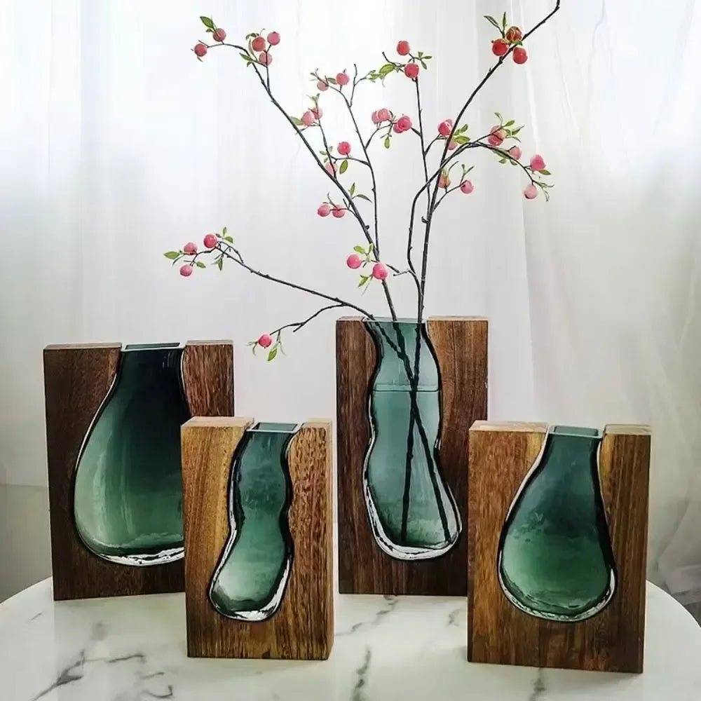 Creative Wooden Frame Glass Vase – Modern Hydroponic Flower Holder Decor - Style A- Small