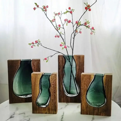 Creative Wooden Frame Glass Vase – Modern Hydroponic Flower Holder Decor - Style A- Small