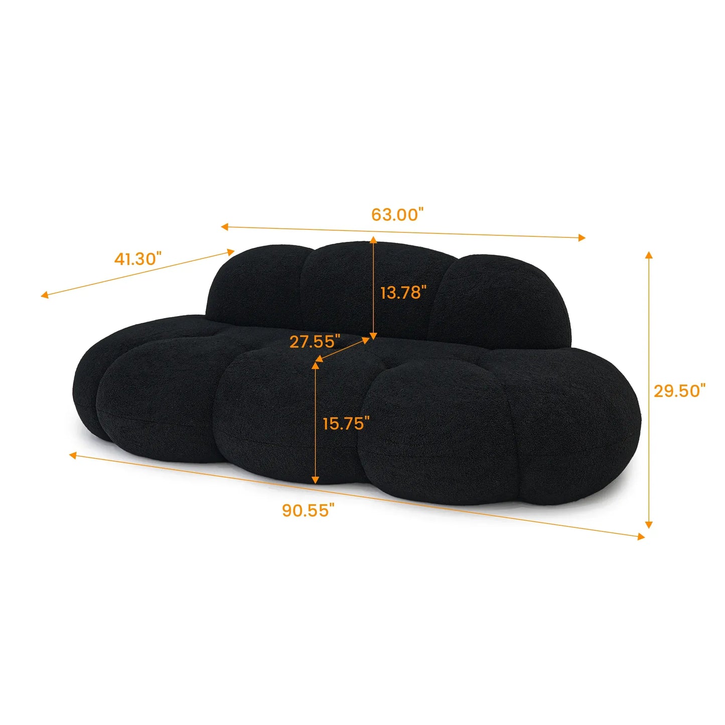 Black cloud-shaped pillow with measurements on a white background