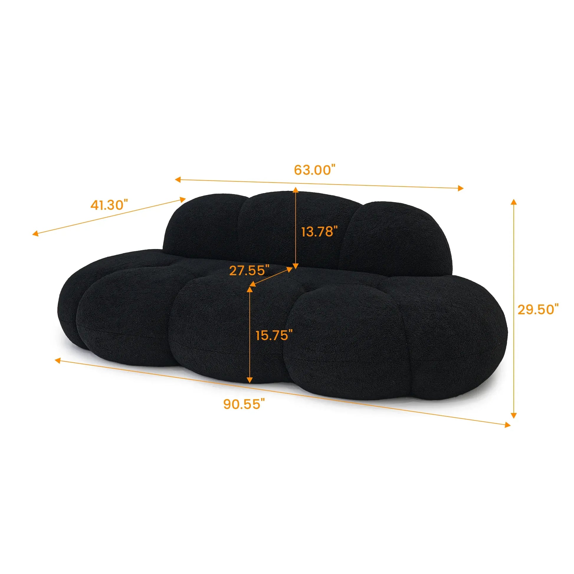 Black cloud-shaped pillow with measurements on a white background