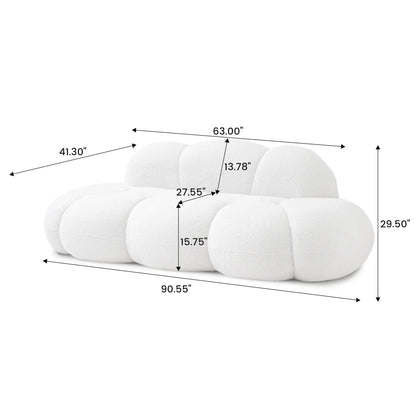 Measurement chart of a white bean bag chair with dimensions labeled.