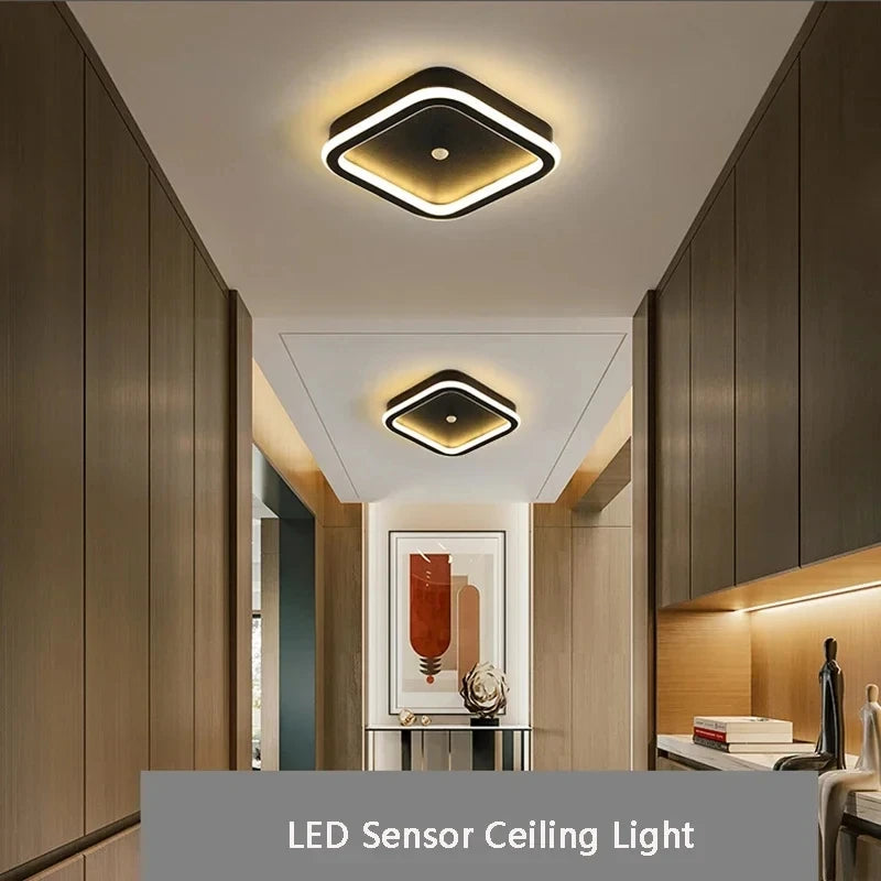 Modern hallway with LED sensor ceiling lights on a white background