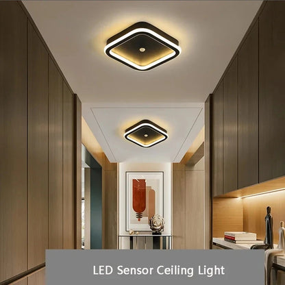 Modern hallway with LED sensor ceiling lights on a white background
