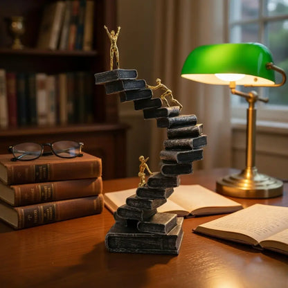 Desk setup with books, a green lamp, and Motivational Resin Climbing Statues on a wooden surface.