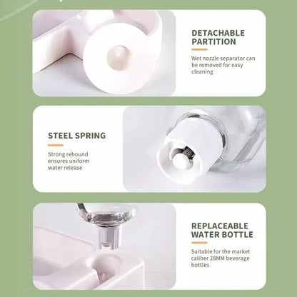 Product features with detachable partition, steel spring, and replaceable water bottle on a green background.