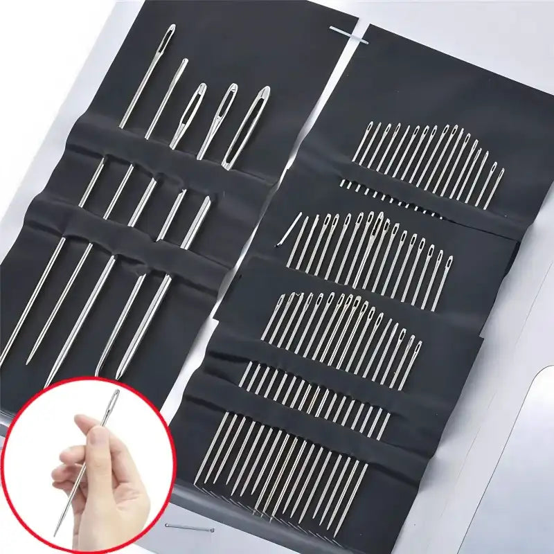 Set of metal needles in a black case with a close-up of a hand holding a needle.
