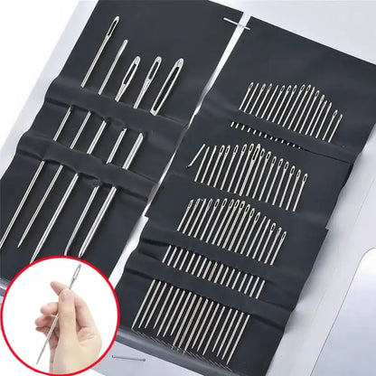 Set of metal needles in a black case with a close-up of a hand holding a needle.