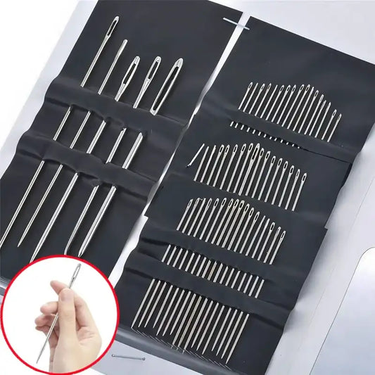 Set of metal needles in a black case with a close-up of a hand holding a needle.