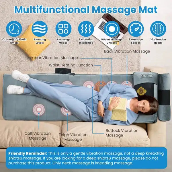 Multifunctional massage mat with user lying on it, showing various massage functions.