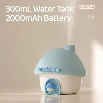 Mushroom-shaped humidifier with text indicating 300mL water tank and 2000mAh battery on a beige background.
